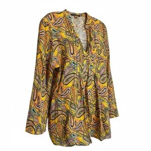 Lauren Ralph Lauren Yellow Paisley Print Popover Bib Front Tunic Top cotton Boho